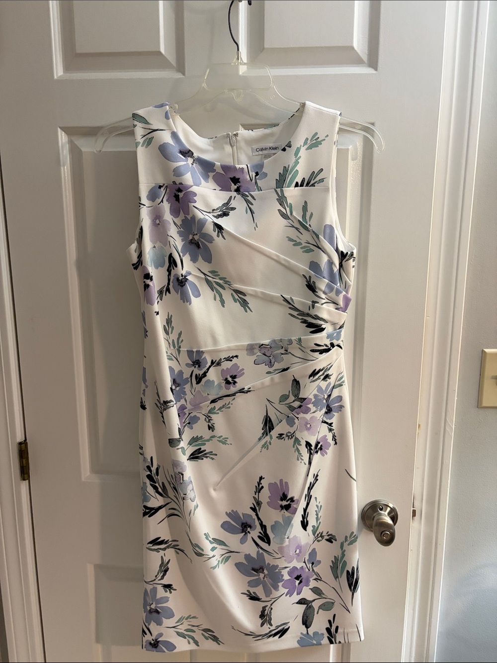 Calvin Klein White Floral Sheath Dress with Lavender & Blue Blooms